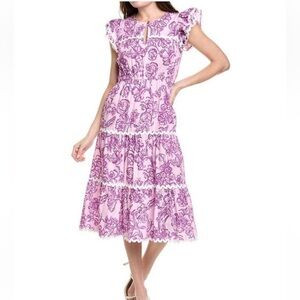 Sail To Sable STS Midi Dress XXS Lilac Toile Ric Rac Flutter Sleeve Beach Resort